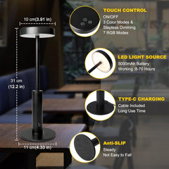Rechargeable RGB Bedside Lamp, Touch Dimmable Cordless Light