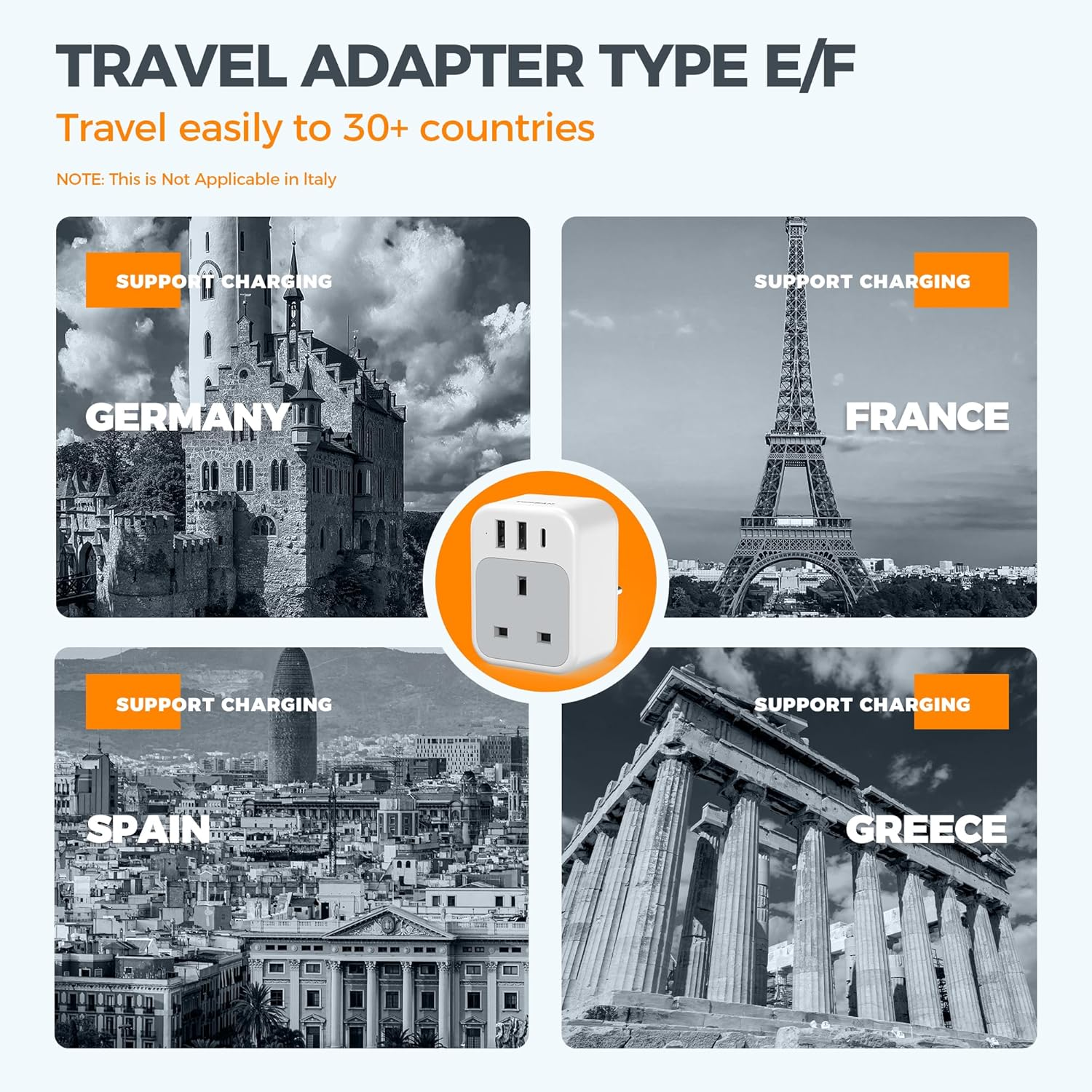 UK to EU Plug Adapter 2 Pack, 4-in-1 Europe Travel Adapter with 3 USB & USB-C