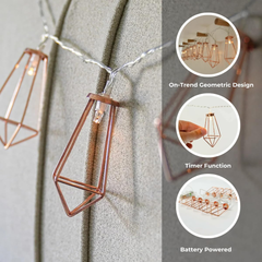 Festive Lights 1.8m Rose Gold Geometric Lantern Fairy Lights with 10 Warm LEDs