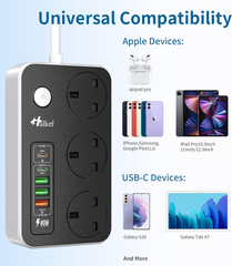 3 Way Extension Lead with USB-C & Fast Charge Ports – 5 USB, 2M Power Strip 3250W