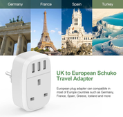 UK to EU Plug Adapter 2 Pack, Type E/F Travel Charger with 3 USB Ports
