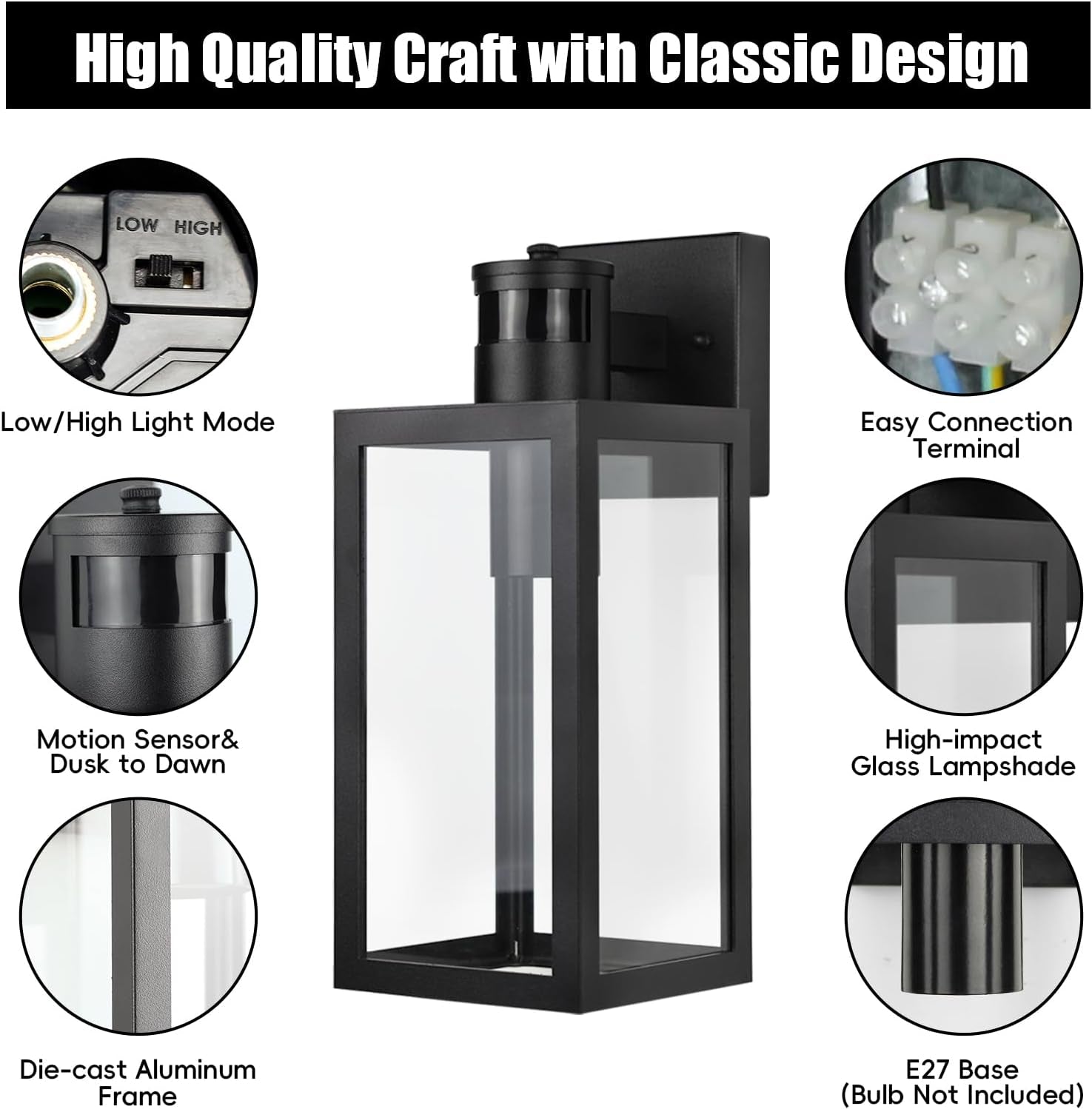 Motion Sensor Outdoor Wall Light, Dusk to Dawn Waterproof Sconce