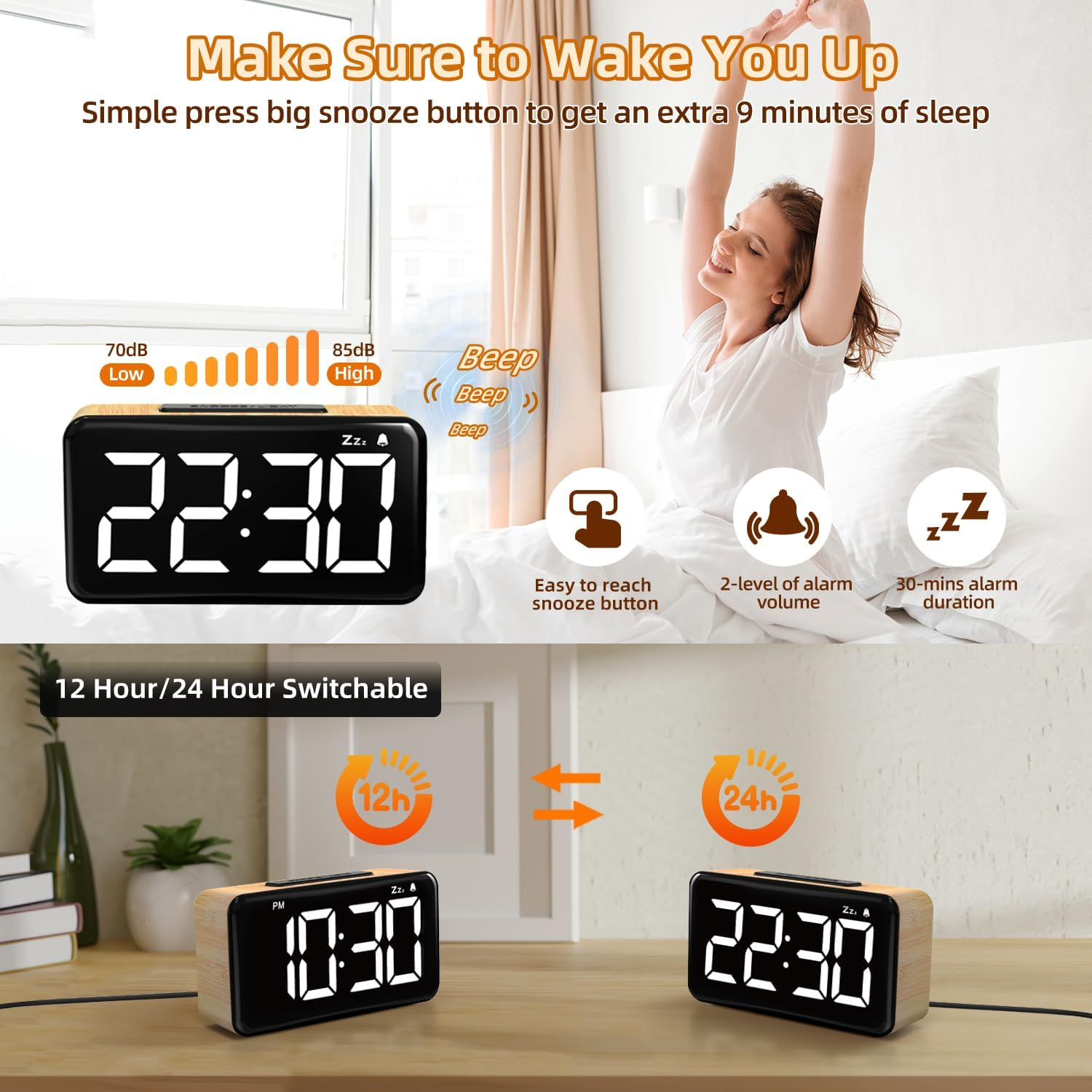 Digital LED Alarm Clock with Large Display, Snooze, 2 Volumes & 5 Brightness