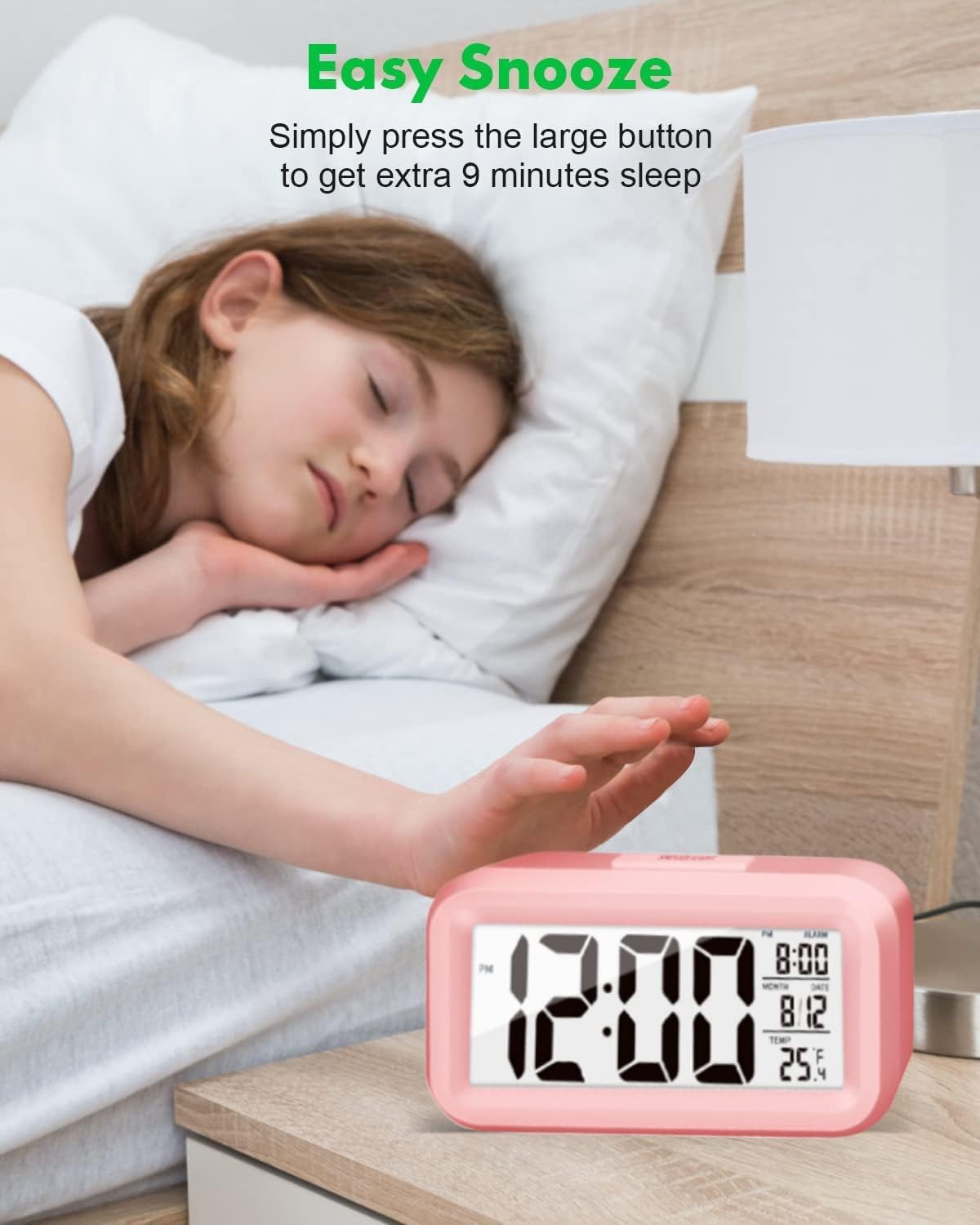 Night Light Digital Alarm Clock – 4.5" Large Display, Temperature, Snooze, Battery Powered