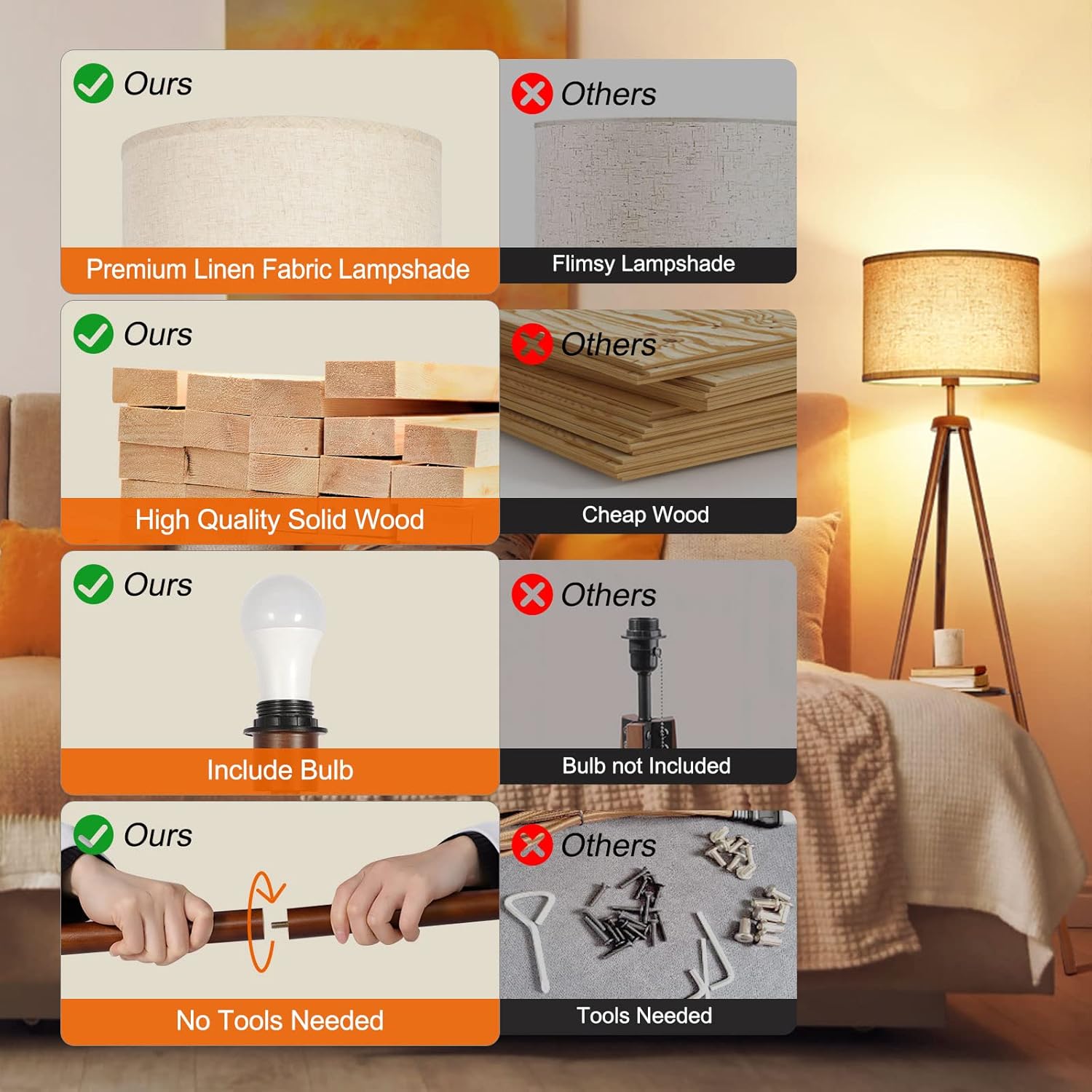 Solid Wood Tripod Floor Lamp with Remote & Shelf