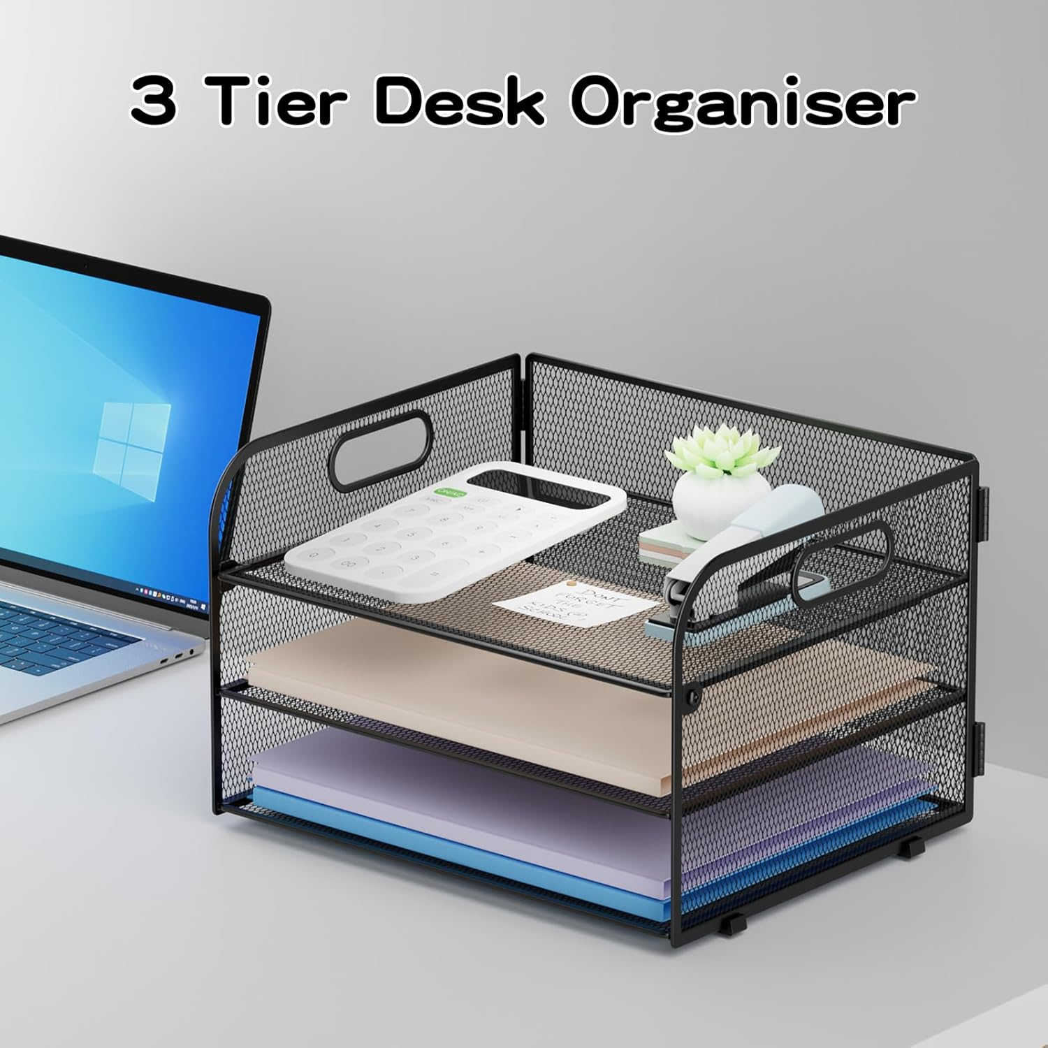 3-Tier Mesh Paper Tray Organiser with Handle – A4 File Holder, Black