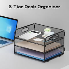 3-Tier Mesh Paper Tray Organiser with Handle – A4 File Holder, Black