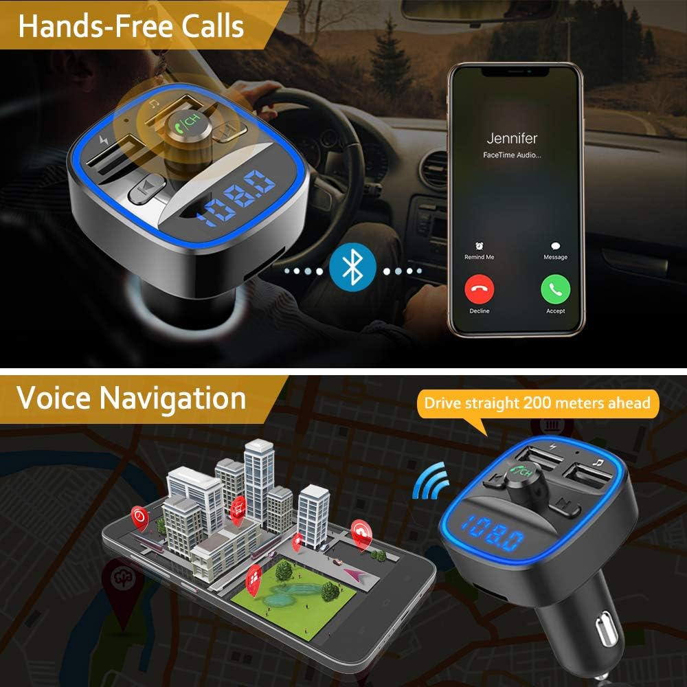 Bluetooth FM Transmitter for Car – Wireless Radio Adapter with Hands-Free Calls & LED