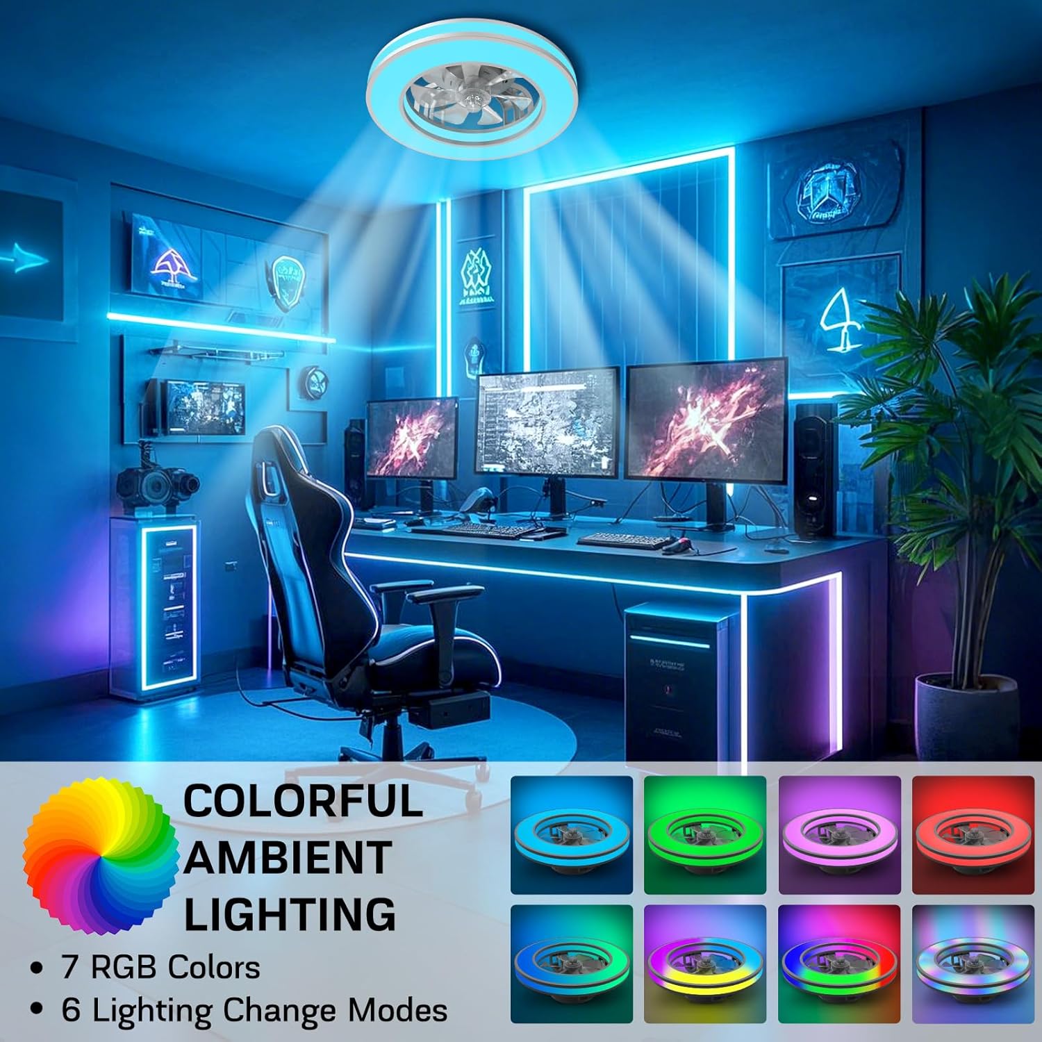 RGB LED Ceiling Fan with Remote & Quiet Reversible Motor