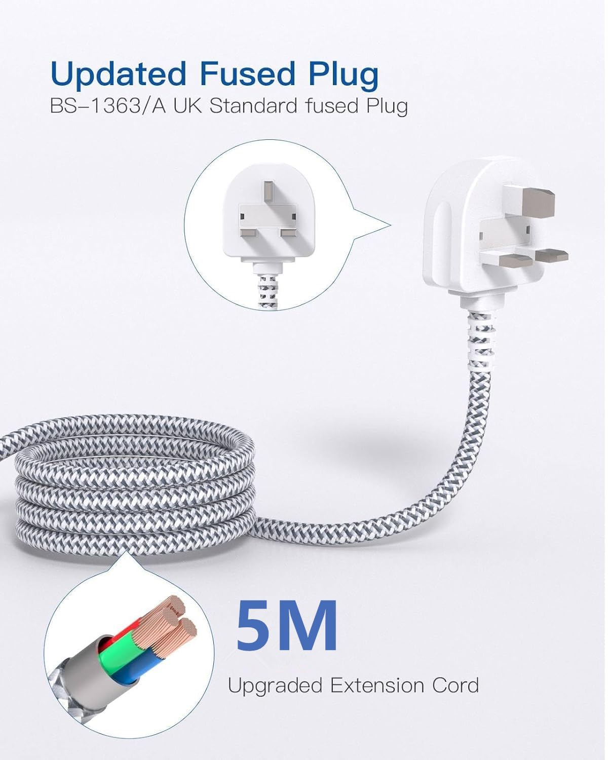 6 Way Extension Lead with 5 USB Ports (1 USB-C), 5M Braided Cable, 3250W Surge Protected