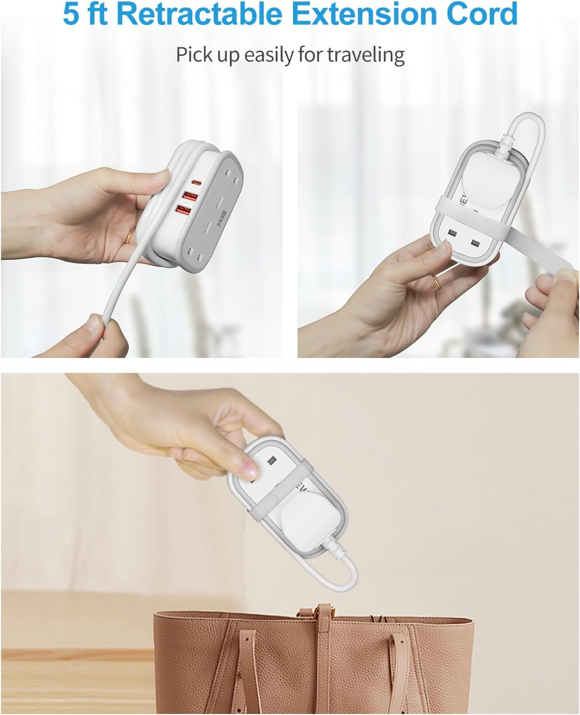 2-Way Extension Lead with 3 USB Ports & Retractable USB-C Cable, 1.5M Power Strip