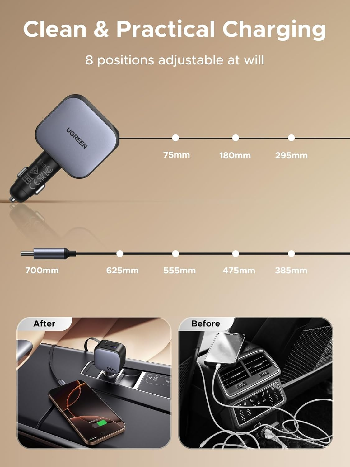 90W Retractable Car Charger – 3-Port Fast USB Car Adapter with 60W Cable for iPhone, Galaxy, iPad & Laptops