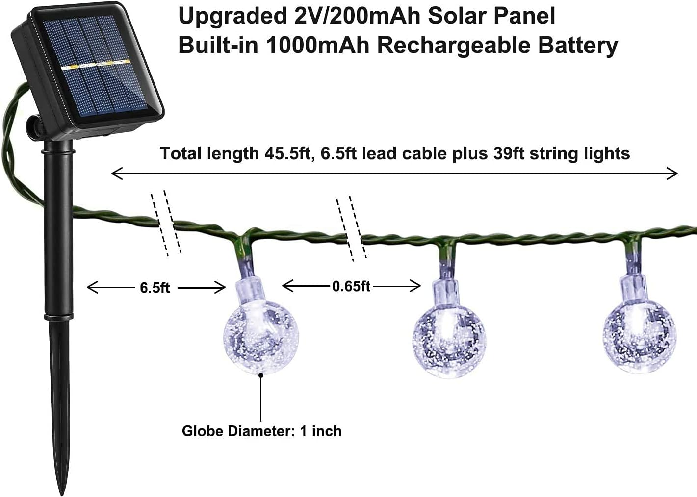 60 LED Solar Crystal Ball String Lights, 36ft White