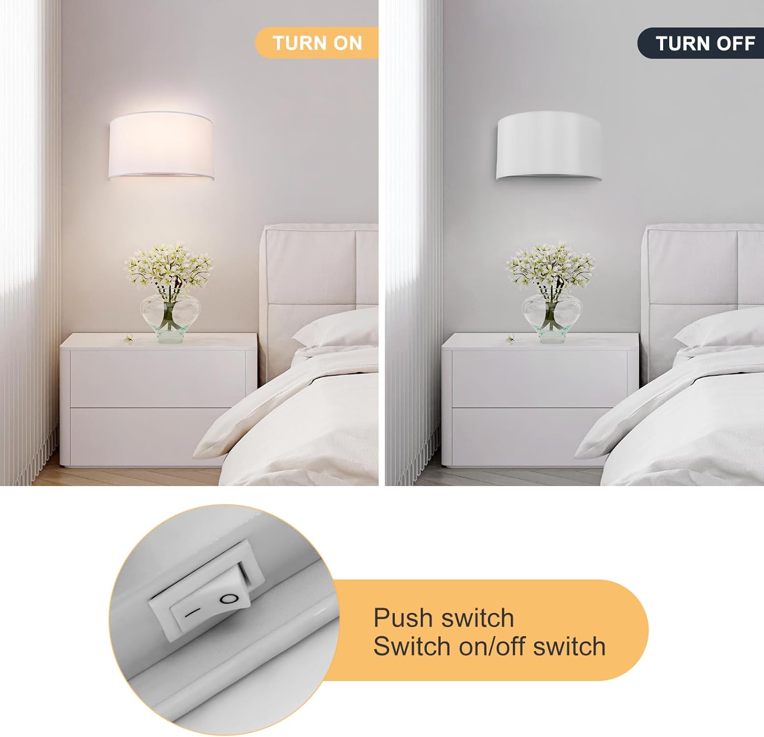 E27 Wall Light with Switch & White Fabric Shade – Semi-Circle Sconce for Bedroom & Living Room