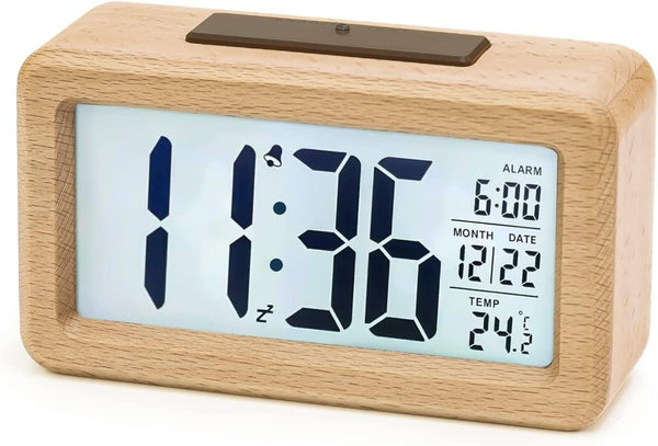 Wooden Digital Alarm Clock – Large LCD Display, Snooze, Temperature, Battery Operated