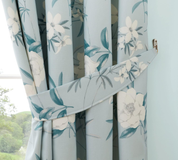 Duck Egg Floral Cotton Curtains 46x72" – Pencil Pleat Vintage Drapes with Tiebacks