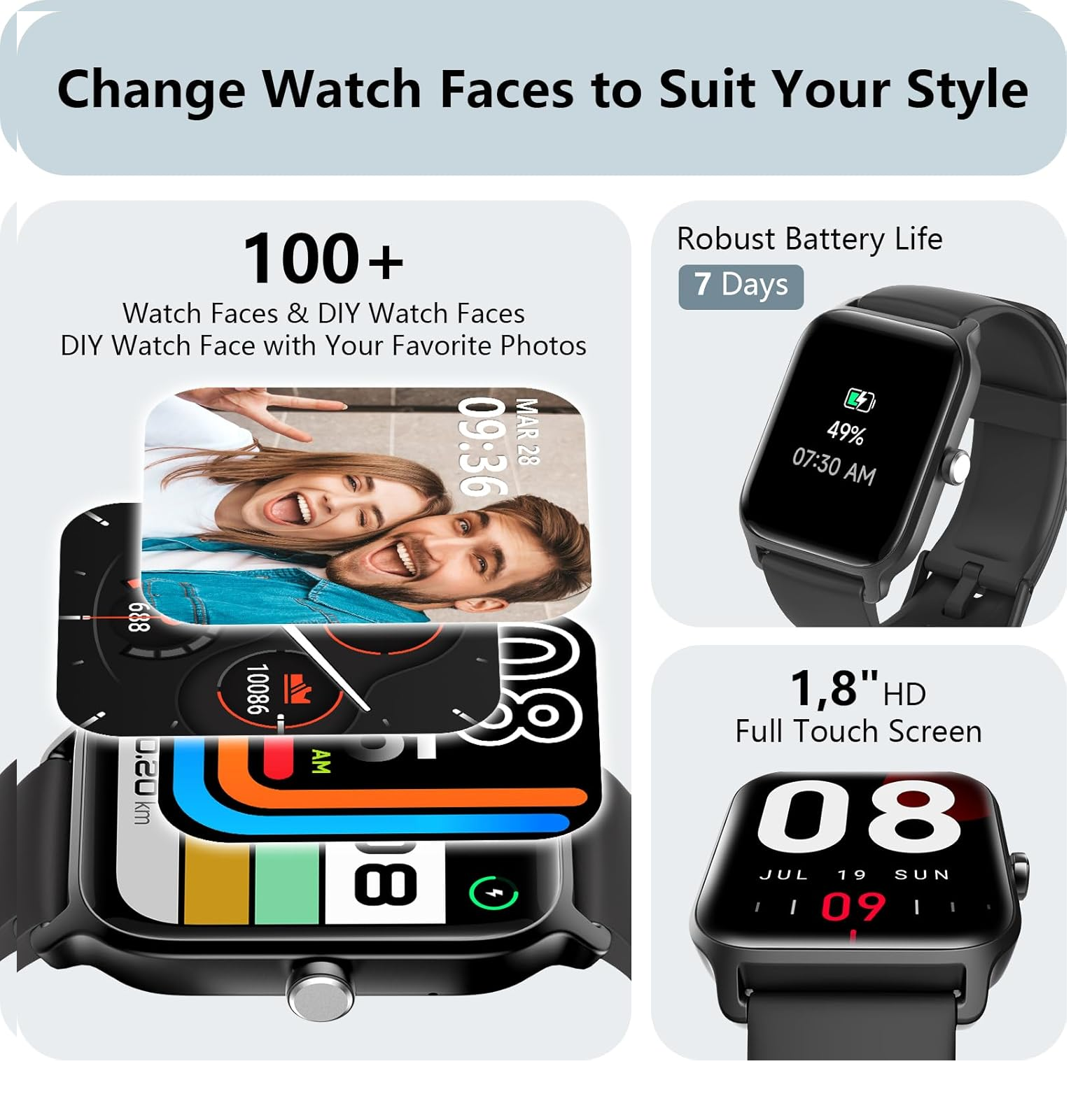 Smart Watch for Men & Women – 1.8" HD Display, Alexa Built-in, Calls, Fitness Tracker