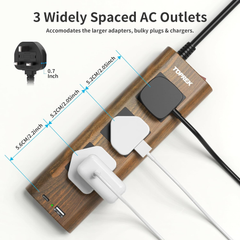 3 Way Wood Grain Extension Lead with USB Ports – 2M Surge Protected Power Strip