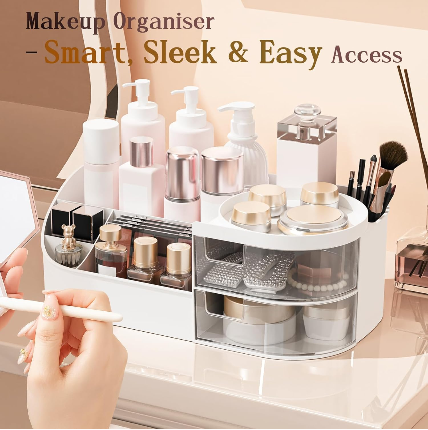 Large White Makeup Organizer Box with Drawer for Skincare and Jewelry