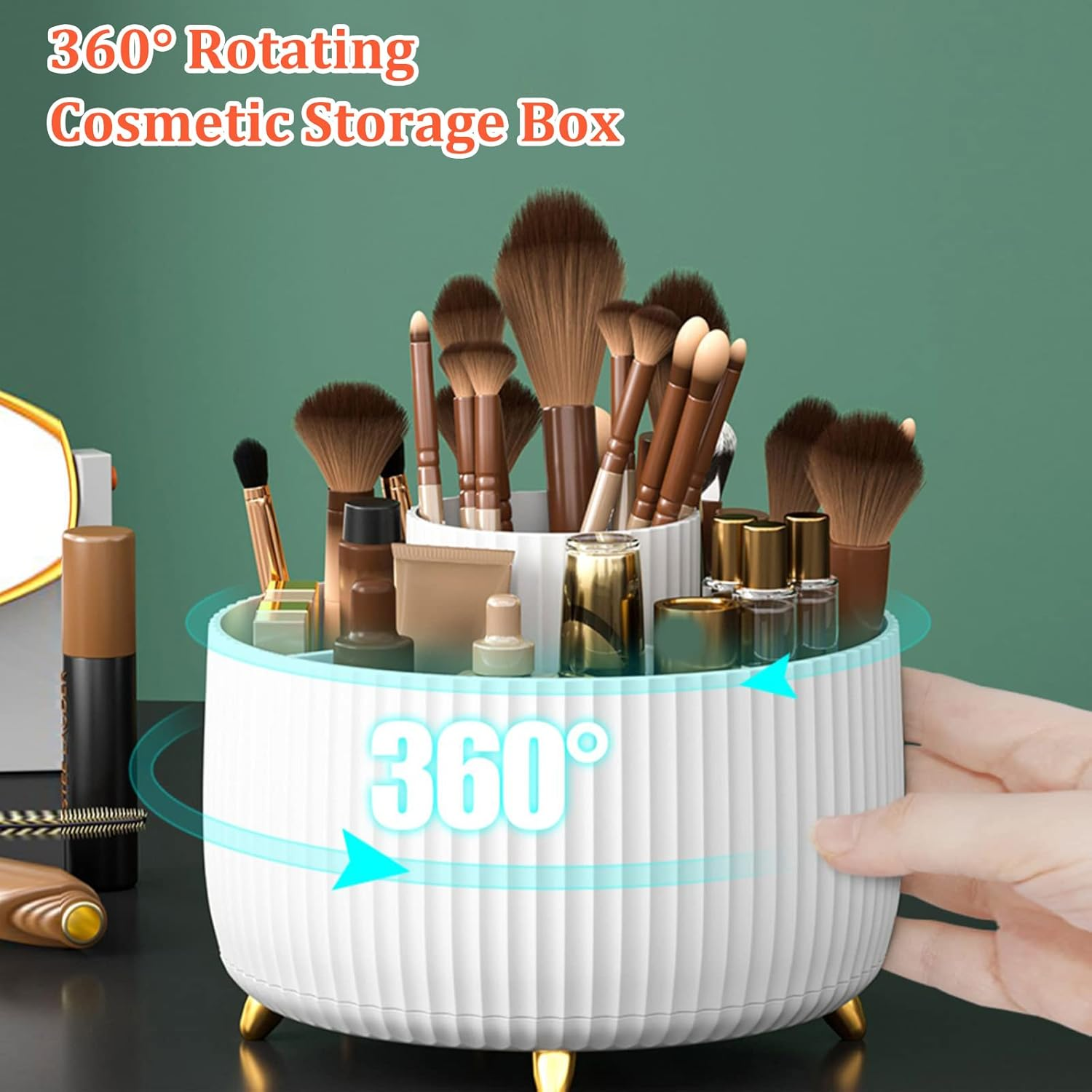 Rotating Makeup Organizer with Brush Holder, 5 Compartments for Vanity Storage