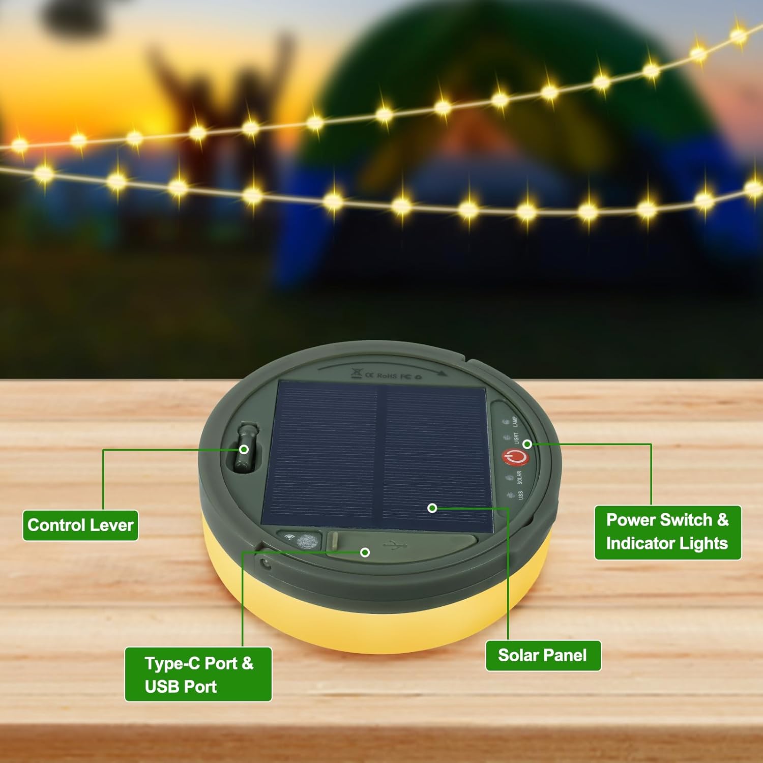 Solar Camping String Lights, 42Ft, 160 LED, USB Rechargeable