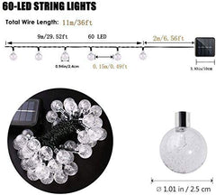 Solar Garden Lights, 60 LED 36ft Crystal Ball String Lights, Waterproof, Warm White for Patio, Yard, Christmas & New Year Parties