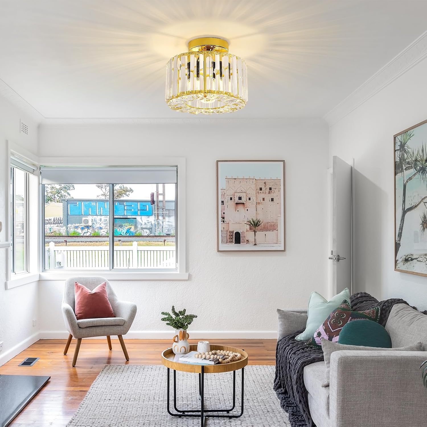 Gold Crystal Semi Flush Mount Ceiling Light, Modern Industrial Fixture