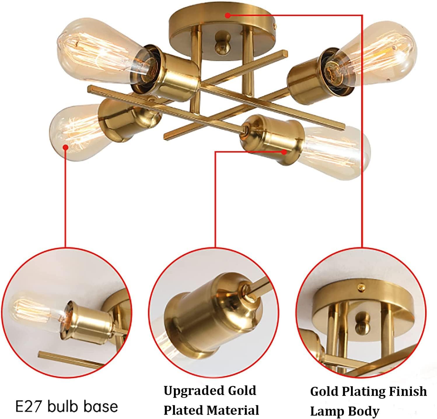 Gold 4-Light Semi Flush Ceiling Light, E27 Base