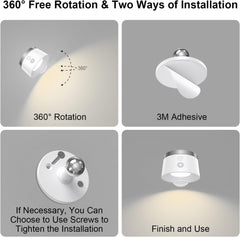 LED Battery Operated Wall Lights, Remote-Controlled, 360° Rotatable, Rechargeable Sconces (2 Pack, White)