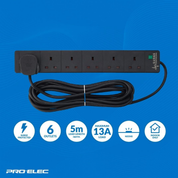 6 Gang 5M Extension Lead with Surge Protection, Black Power Strip – PELB1755