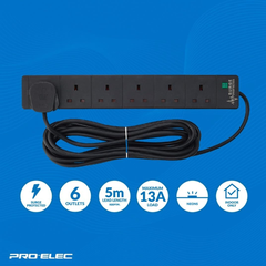 6 Gang 5M Extension Lead with Surge Protection, Black Power Strip – PELB1755