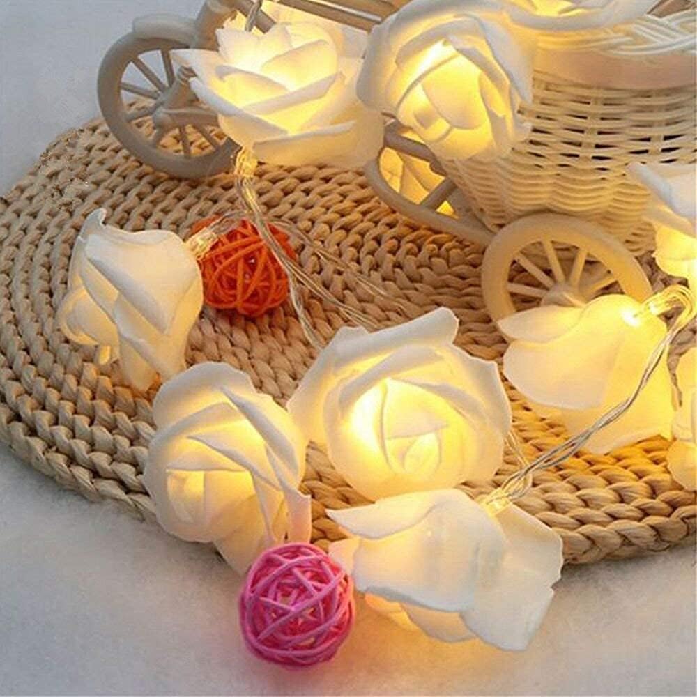 LED Rose String Lights – 20 Warm White Fairy Flowers