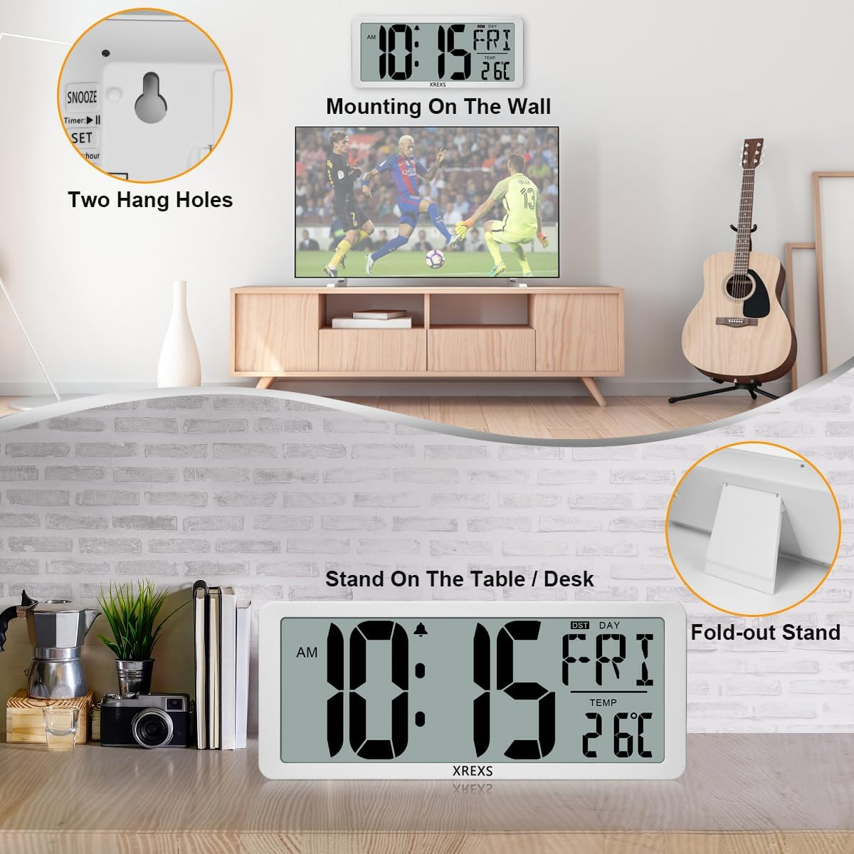 Extra Large LCD Digital Wall Clock with Time, Date & Temperature Display (Battery)