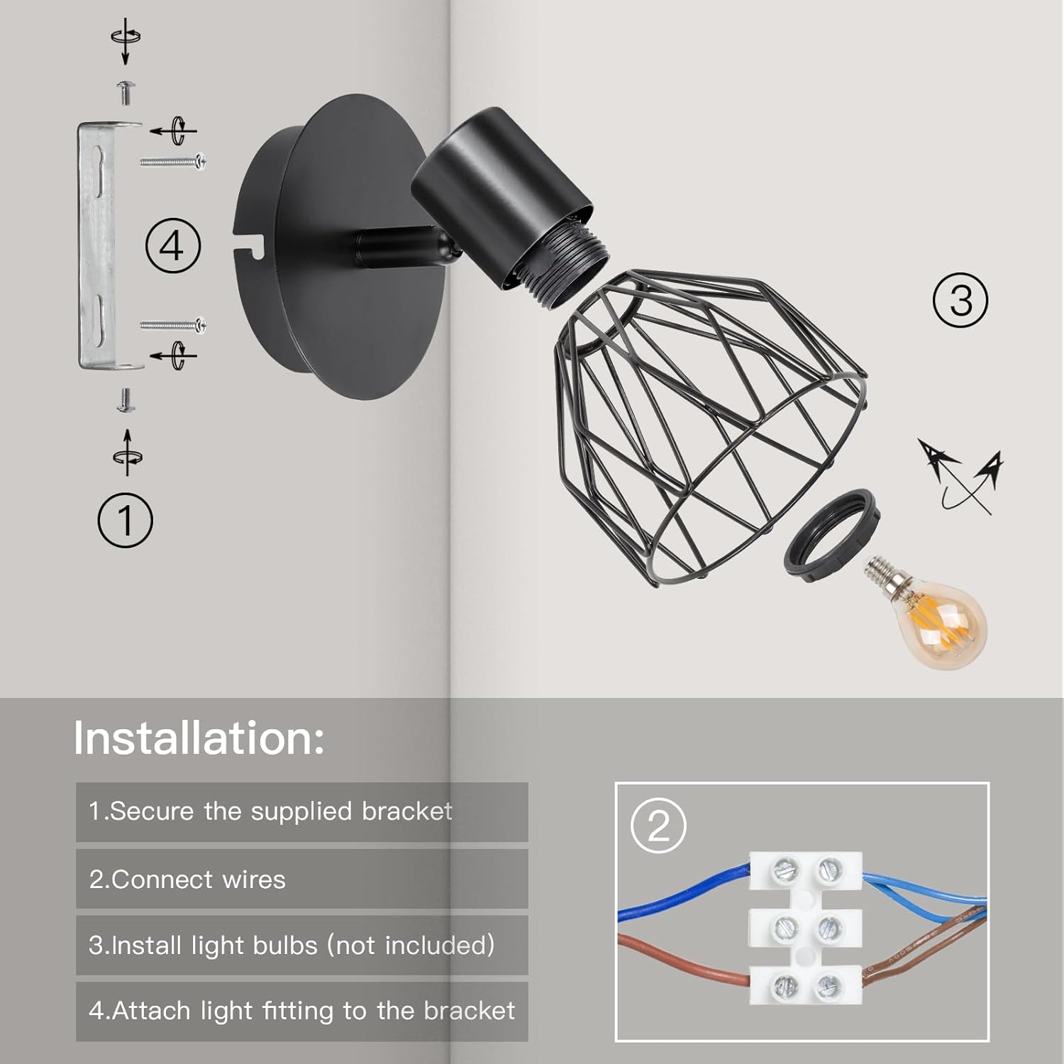 Adjustable Industrial Black Metal Cage Wall Lights, 2 Pack