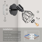 Adjustable Industrial Black Metal Cage Wall Lights, 2 Pack