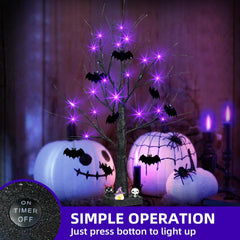 2FT Black Halloween Tree with Bats & Purple Lights
