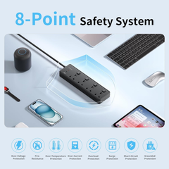 4 Way Extension Lead with 3 USB Ports 30W – 2M Surge Protected Power Strip, Black