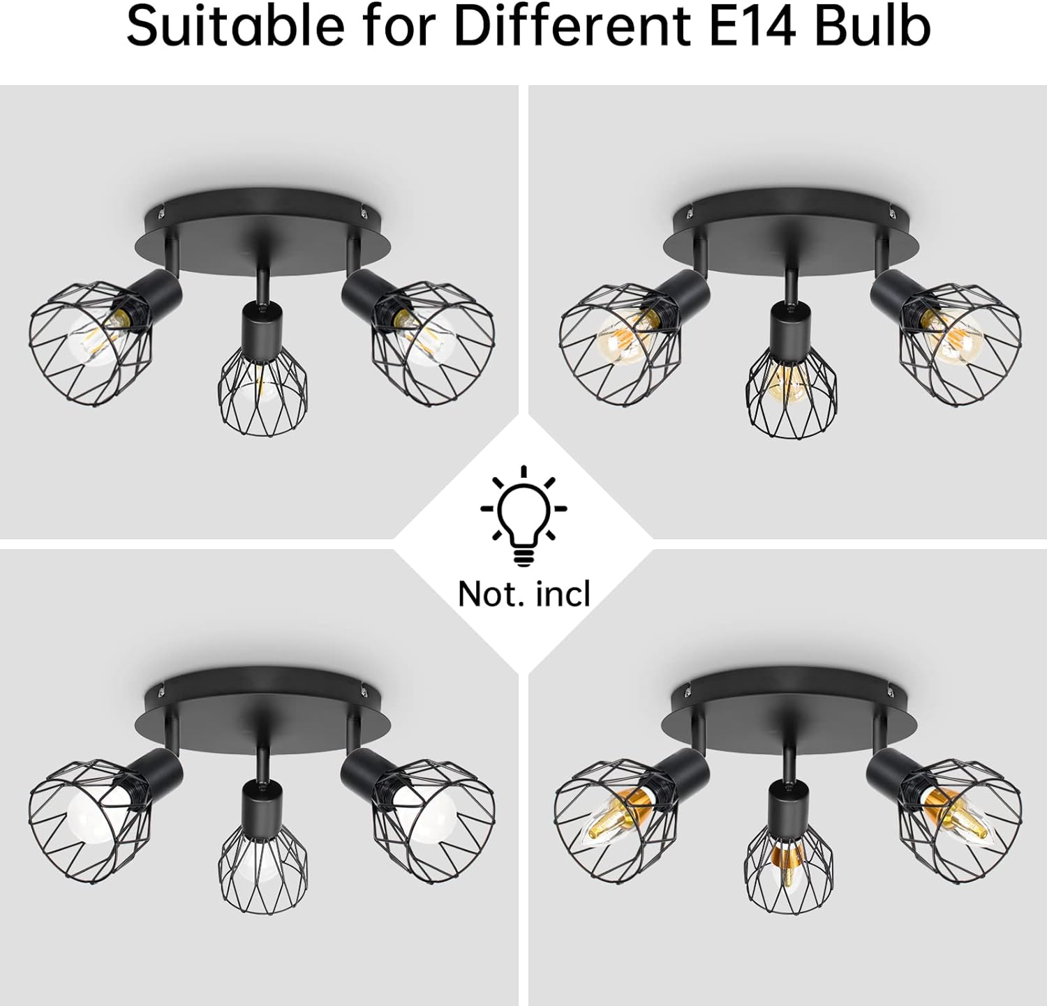 Spot Light Fittings for Ceilings Adjustable Metal Wire Cage Kitchen Spotlight Ceiling Lights with E14 Base Black 3 Way Ceiling Light Industrial