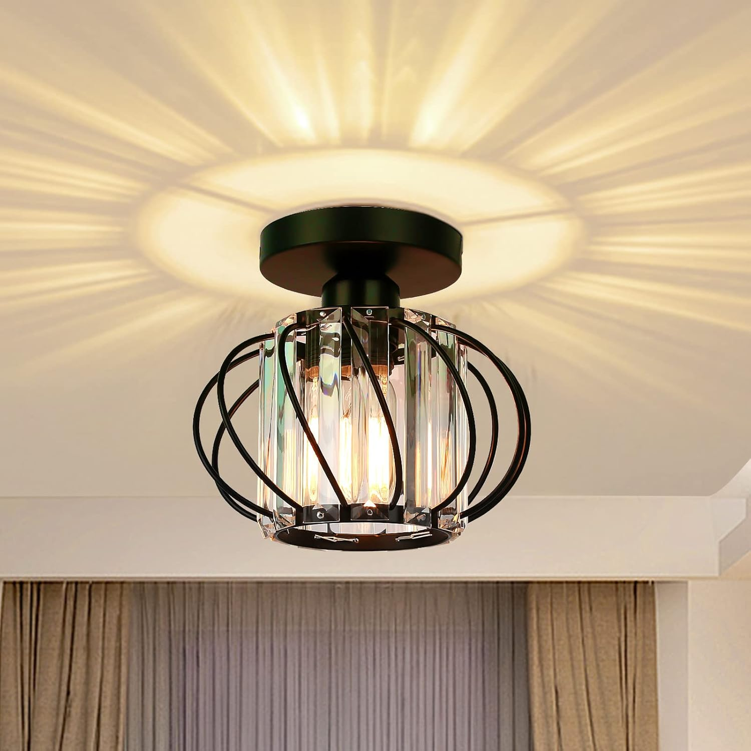 Vintage Semi Flush Ceiling Light – Black Metal Cage Fixture with E27 Holder for Living Room, Kitchen, Bedroom, or Hallway