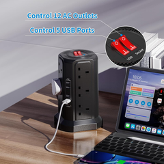 12-Way Tower Extension Lead with 5 USB Ports & USB-C Fast Charger, 5M Cable, 3250W