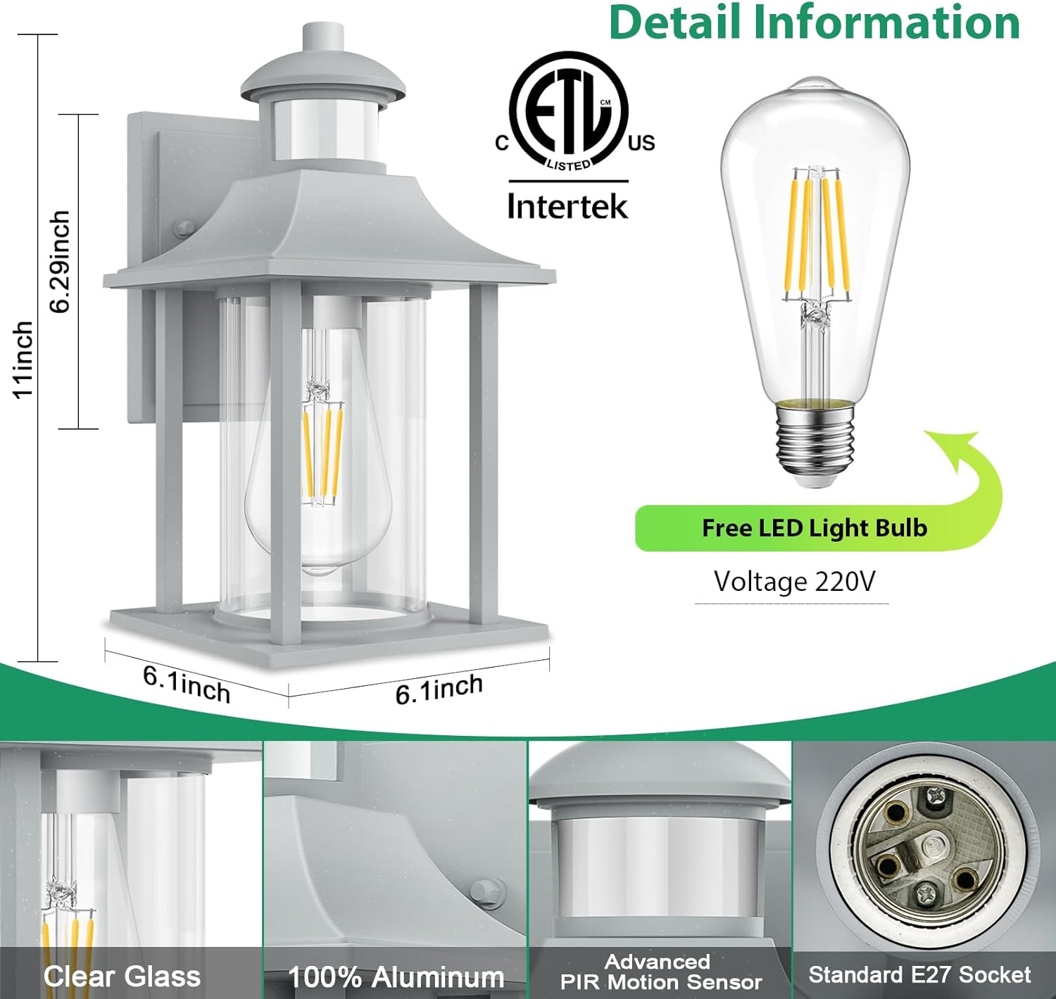 Grey Outdoor Motion Sensor Wall Light with 3 Modes & Bulb
