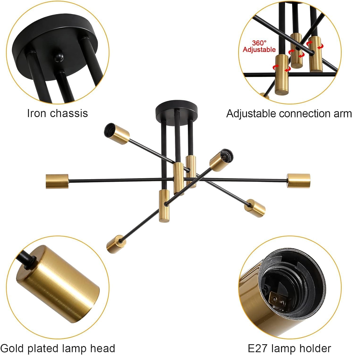 Sputnik Chandelier Ceiling Light 6-Light Black Gold Vintage