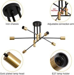Sputnik Chandelier Ceiling Light 6-Light Black Gold Vintage