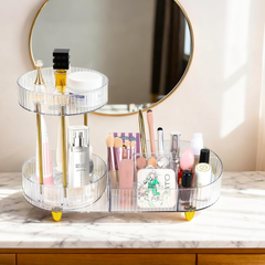 360° Rotating Clear Makeup Organizer – 2-in-1 Cosmetic, Skincare & Perfume Stand