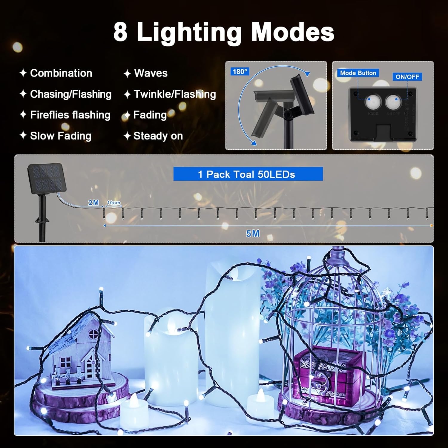 5M 50 LED Solar String Lights – Cool White, 8 Modes, Waterproof