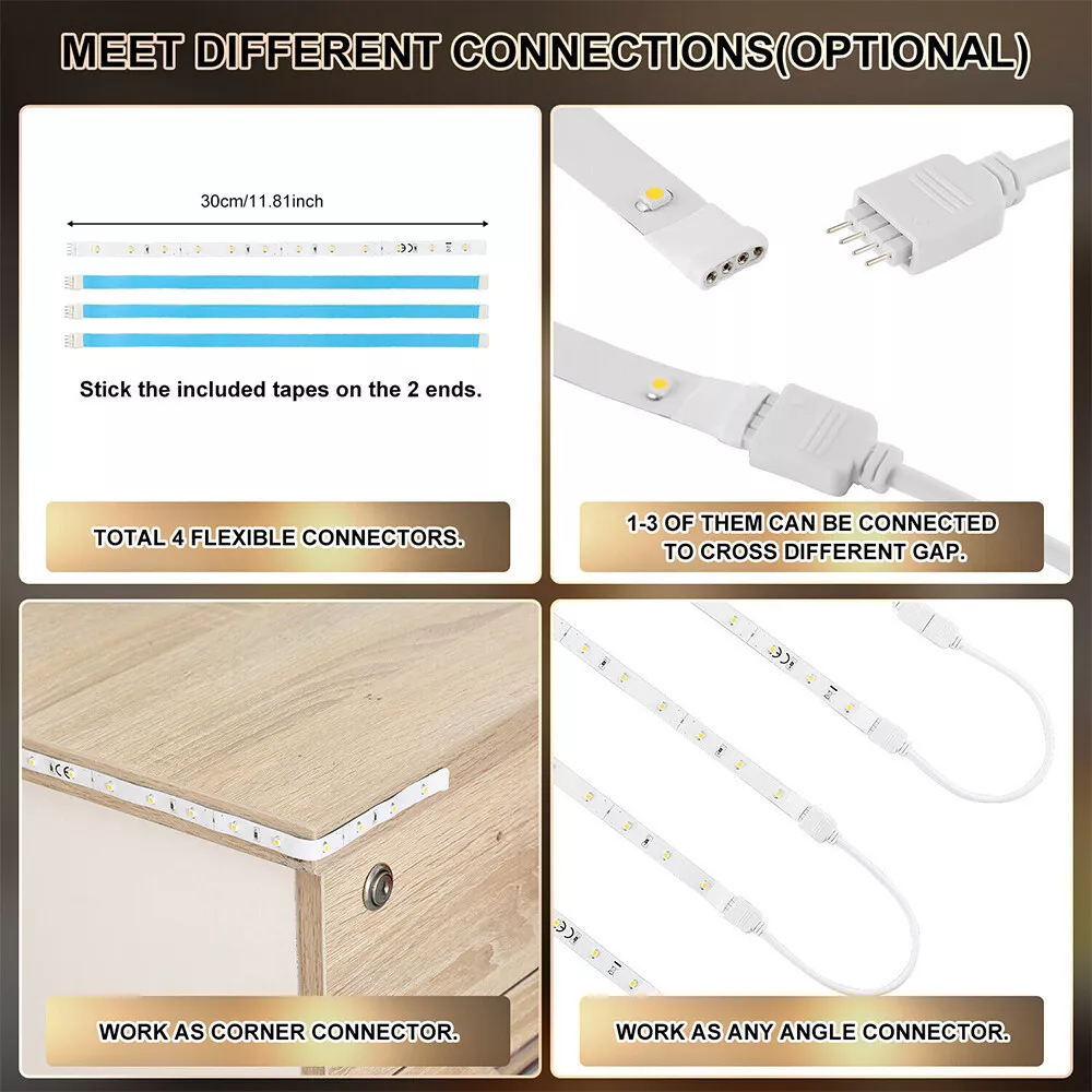 LED Strip Lights Under Cabinet - 4 Pack, Plug-In Linkable for Kitchen, Cupboard & Counter Lighting