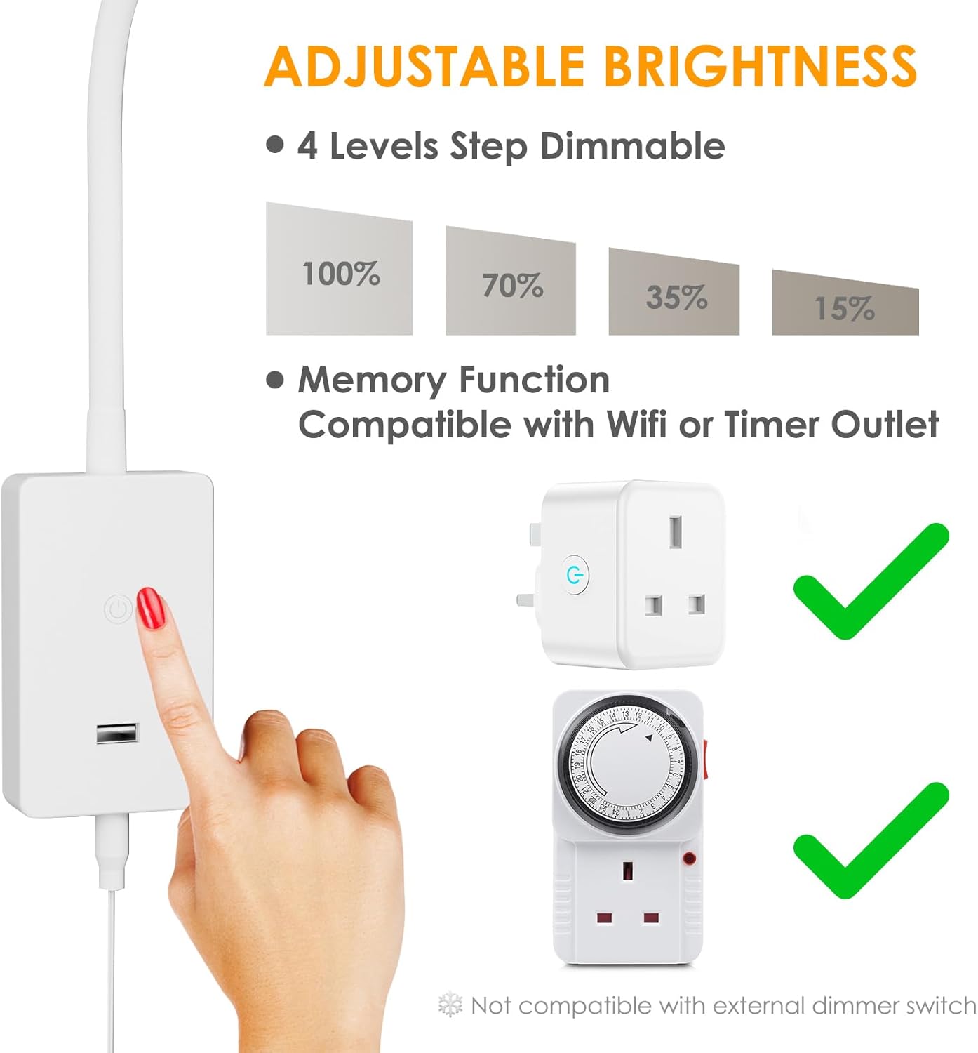 Touch Dimmable LED Wall Reading Lamp, 4 Brightness Levels & Wall Mounted Flexible Bedside Light, Neutral White
