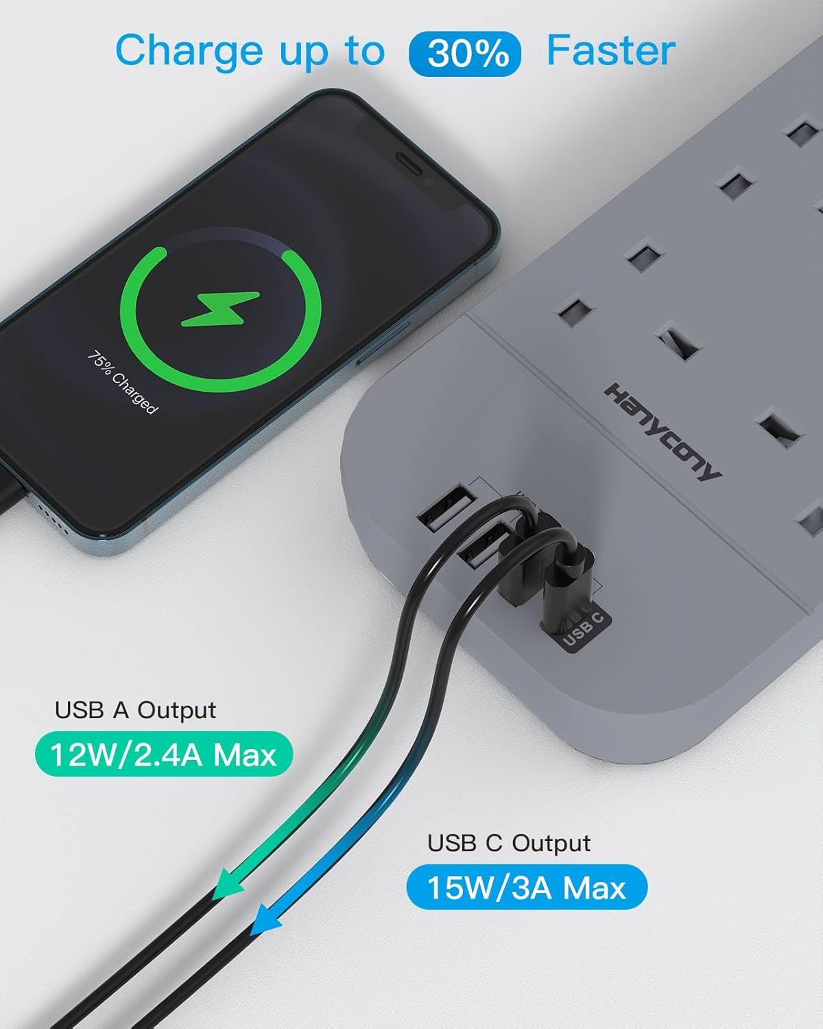 8 Way 5M Extension Lead with Surge Protection & Dual Switches, Grey Power Strip