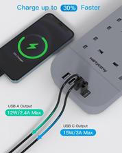 8 Way 5M Extension Lead with Surge Protection & Dual Switches, Grey Power Strip