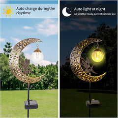 Solar Lights Outdoor Garden Ornaments – Moon Fairy Solar Crackle Glass Lights, Waterproof LED Metal Stake Light for Patio, Lawn & Pathway Decorations